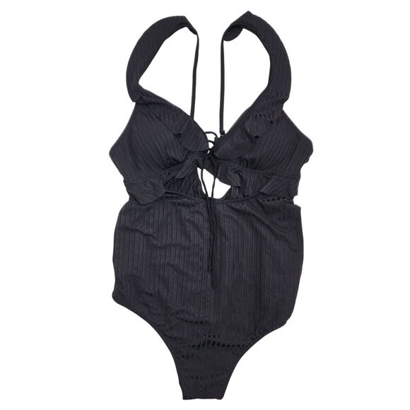 Black Ribbed Halter One-Piece Swimsuit With Ruffle Detail   Size XL - Picture 1 of 5